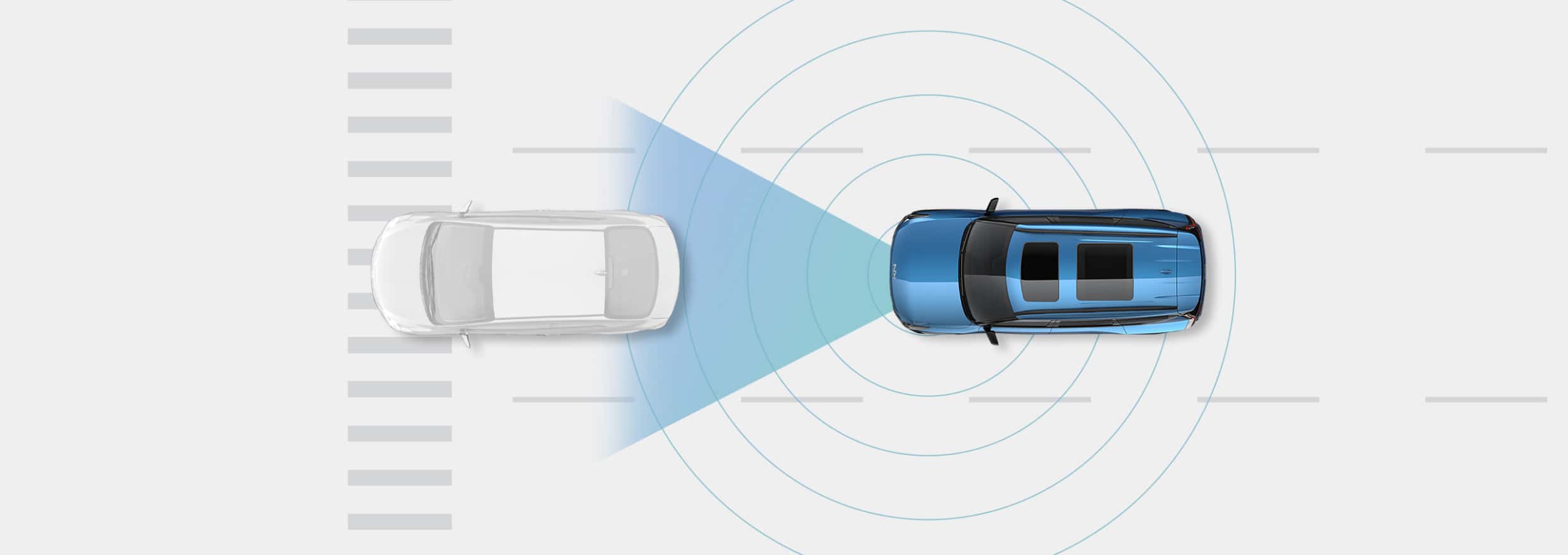 Top down diagram showing the forward sensing distance of EV9 to assist in maintaining proper speed and distance from other vehicles on highways