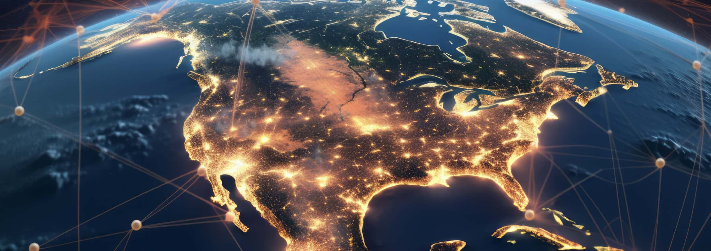 Illustration of North America with glowing high concentration areas indicating the presence of the Electrify America network